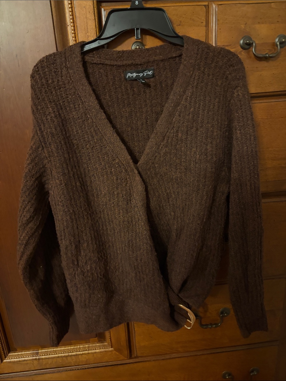 Cozy Brown V-Neck Wrap Sweater with Buckle Detail